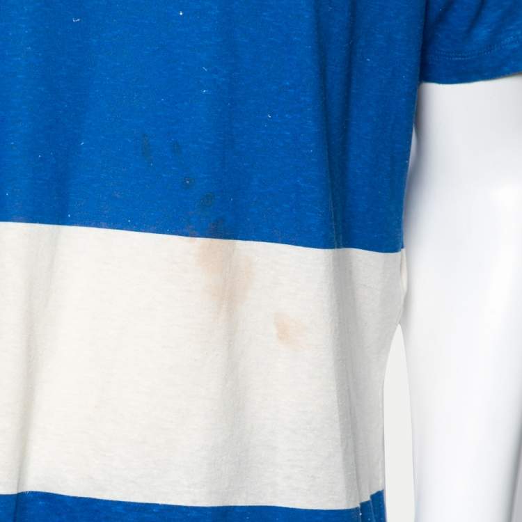 Pre Owned Gucci White & Blue Striped Logo Printed Cotton T Shirt S