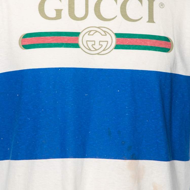 Pre Owned Gucci White & Blue Striped Logo Printed Cotton T Shirt S