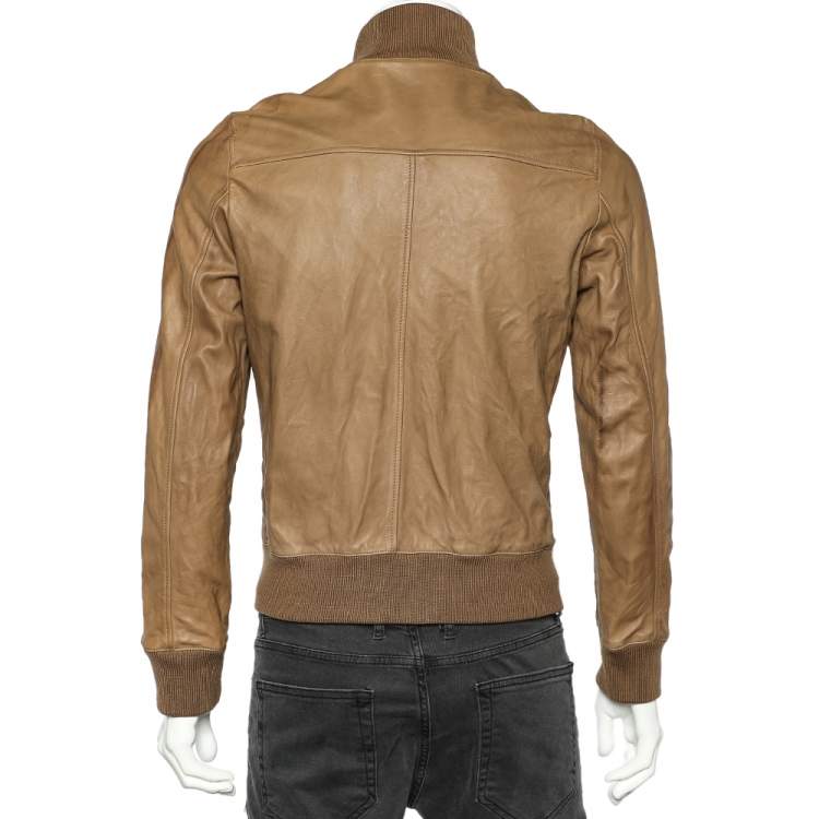 Pre Owned Gucci Brown Leather Zip Front Jacket L
