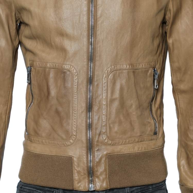 Pre Owned Gucci Brown Leather Zip Front Jacket L