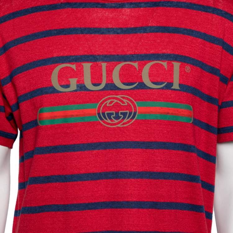Pre Owned Gucci Red & Blue Striped Linen Knit Logo Printed Oversized T Shirt XS
