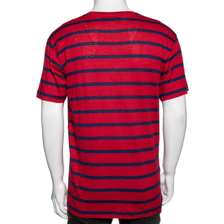 Pre Owned Gucci Red & Blue Striped Linen Knit Logo Printed Oversized T Shirt XS