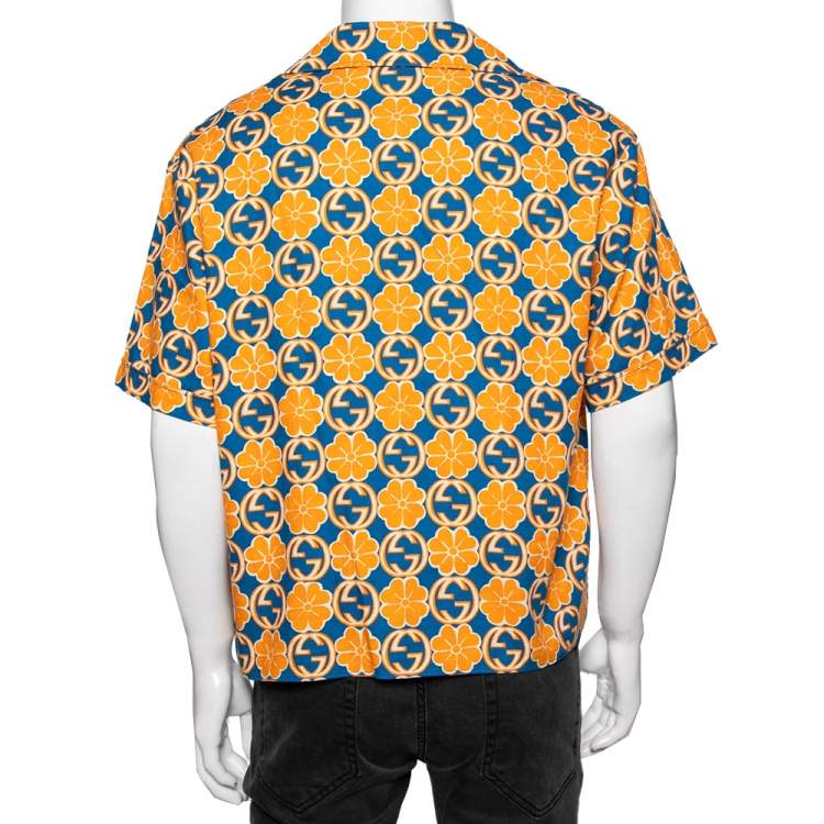 Pre Owned Gucci Blue and Orange GG Quatrefoil Printed Cotton Short Sleeve Shirt XXL