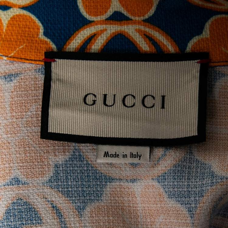 Pre Owned Gucci Blue and Orange GG Quatrefoil Printed Cotton Short Sleeve Shirt XXL