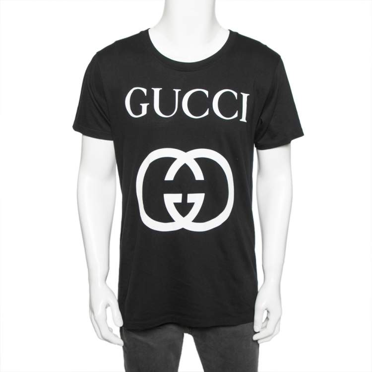 Pre Owned Gucci Black Logo Printed Cotton Short Sleeve T-Shirt S