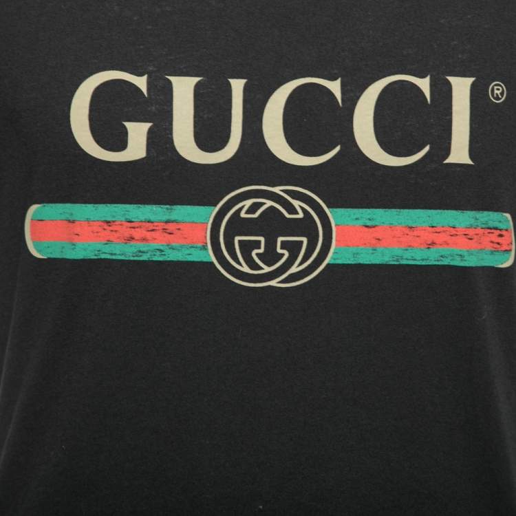 Pre Owned Gucci Black Washed Cotton Logo Printed Oversized T-Shirt XS