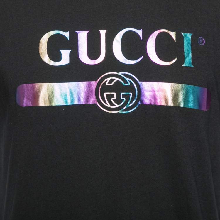Pre Owned Gucci Black Cotton Foil Logo Printed Short Sleeve T-Shirt XS