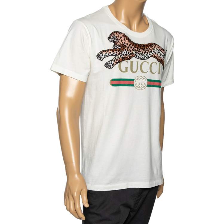 Gucci White Cotton Logo Printed and Tiger Embroidered T-Shirt S | TLC