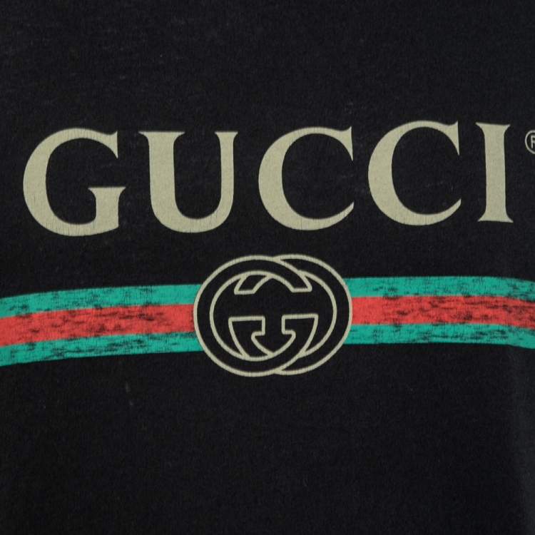 Pre Owned Gucci Black Cotton Logo Printed Crewneck T-Shirt S