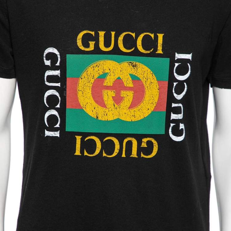 Pre Owned Gucci Black Cotton Logo Printed Crew Neck Short Sleeve T-Shirt S
