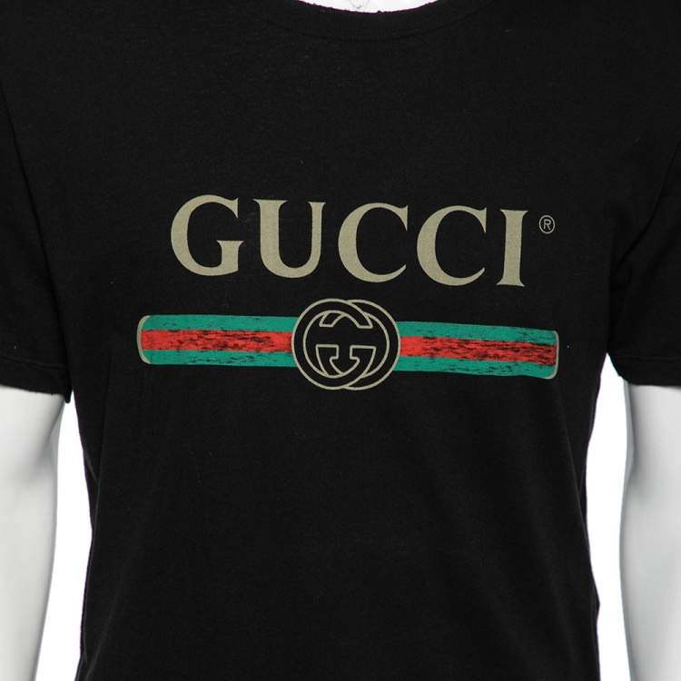 Pre Owned Gucci Black Cotton Logo Printed Crewneck T-Shirt S
