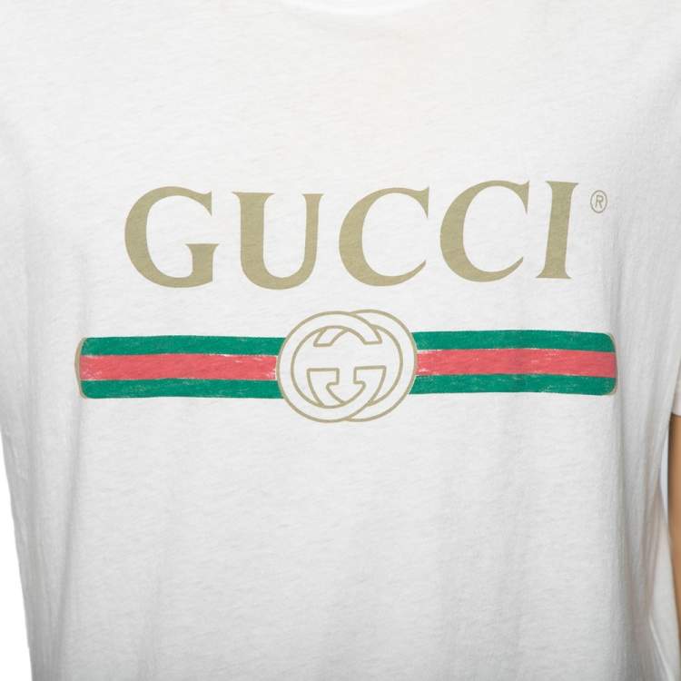 Pre Owned Gucci Cream Cotton Logog Printed Crew Neck T-Shirt S