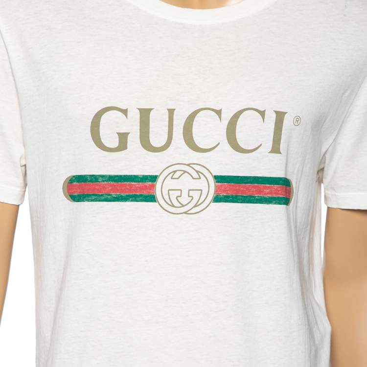 Pre Owned Gucci Cream Cotton Logo Printed Crew Neck T-Shirt S