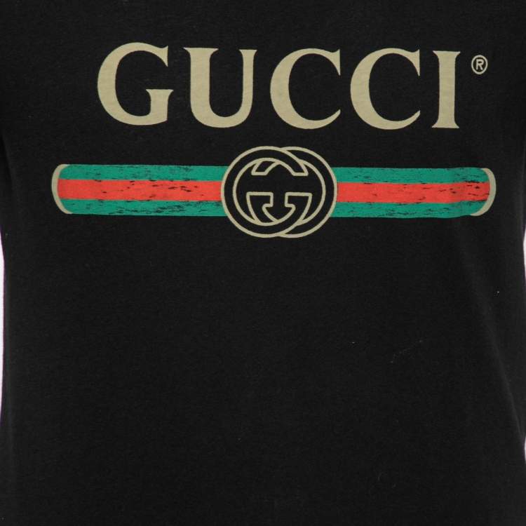 Pre Owned Gucci Black Cotton Logo Printed Crew Neck T-Shirt XS