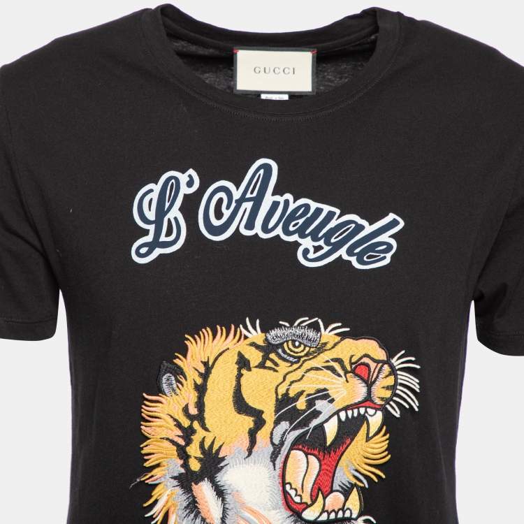 Pre Owned Gucci Black L’Aveugle Par Amour Tiger Embroidered Cotton T-Shirt S