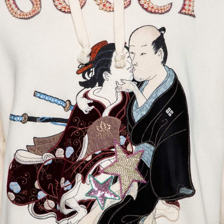 Pre Owned Gucci Cream Terry Knit Pearl Logo Hoodie M