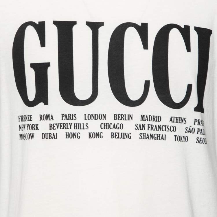Pre Owned Gucci Cream Cotton Logo and Cities Printed Crewneck Short Sleeves T-Shirt S