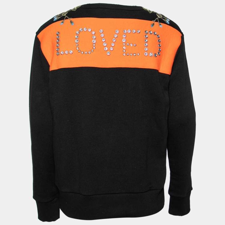 Pre Owned Gucci Black Terry Knit Floral Patch Distressed Sweatshirt S