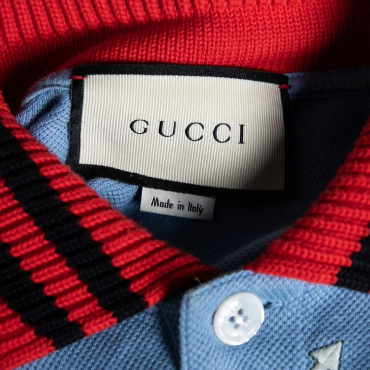 Pre Owned Gucci Blue Cotton Multi Motif Embroidered Polo T-Shirt L
