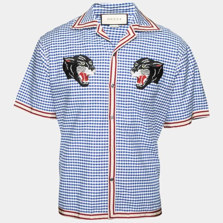 Pre Owned Gucci Blue and White Checkered Cotton Panther Embroidered Gingham Dress Shirt M