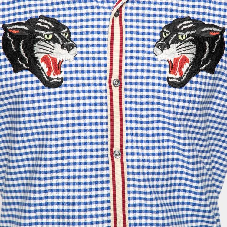 Pre Owned Gucci Blue and White Checkered Cotton Panther Embroidered Gingham Dress Shirt M