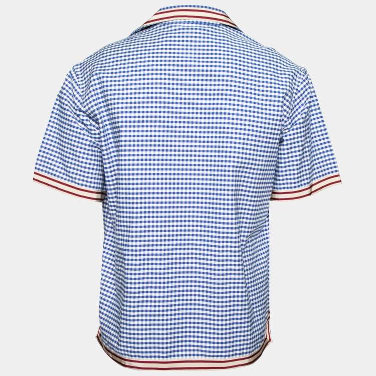 Pre Owned Gucci Blue and White Checkered Cotton Panther Embroidered Gingham Dress Shirt M