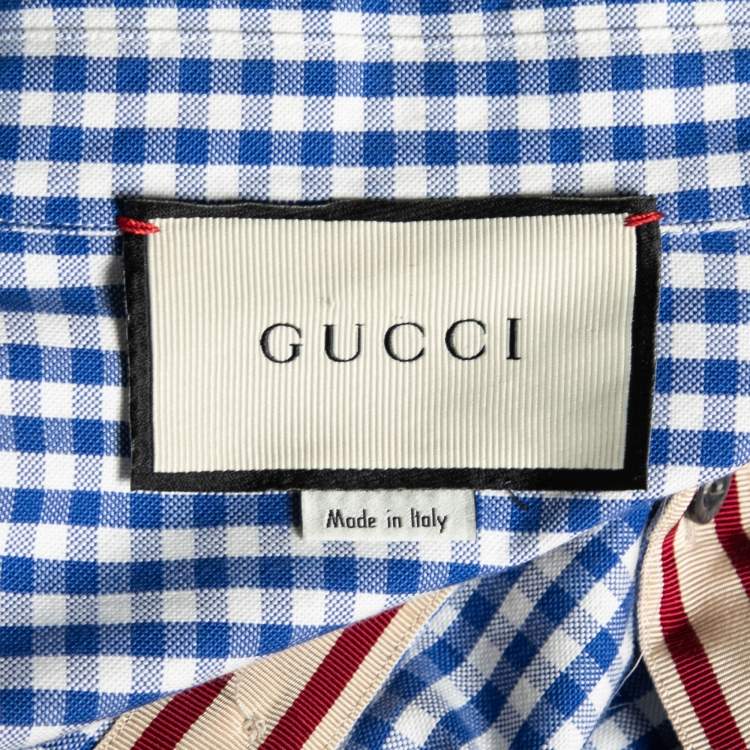 Pre Owned Gucci Blue and White Checkered Cotton Panther Embroidered Gingham Dress Shirt M