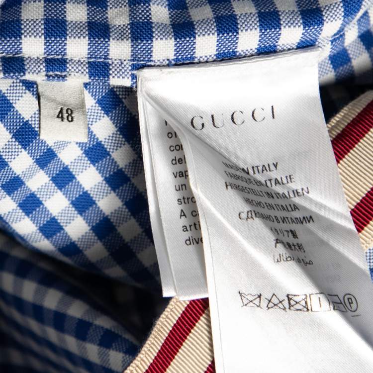 Pre Owned Gucci Blue and White Checkered Cotton Panther Embroidered Gingham Dress Shirt M
