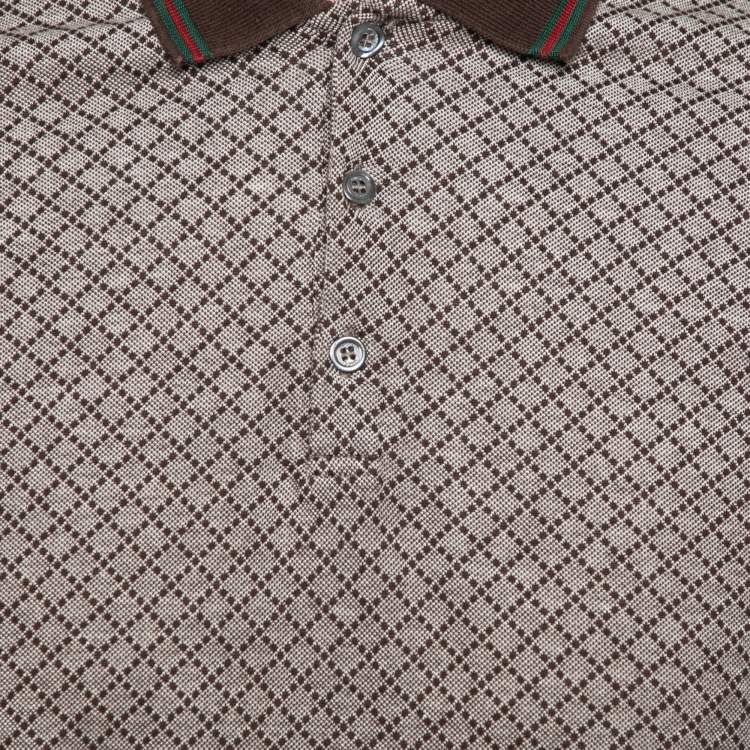 Pre Owned Gucci Brown Printed Cotton Pique Short Sleeve Polo T-Shirt M