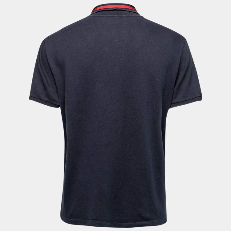 Pre Owned Gucci Navy Blue Cotton Pique Web Stripe Bee Appliqued Polo T-Shirt XXL