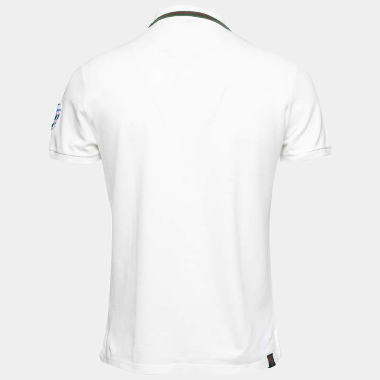 مملوكة مسبقًا Gucci  White Cotton Pique Web Stripe Trim Detail Polo T-Shirt L