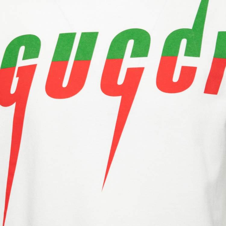 Pre Owned Gucci White Blade Logo Printed Cotton Crew Neck T-shirt S