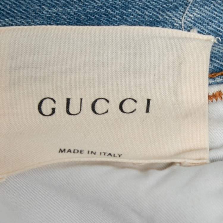Pre Owned Gucci Blue Denim Floral Bee Embroidered Tapered Jeans M