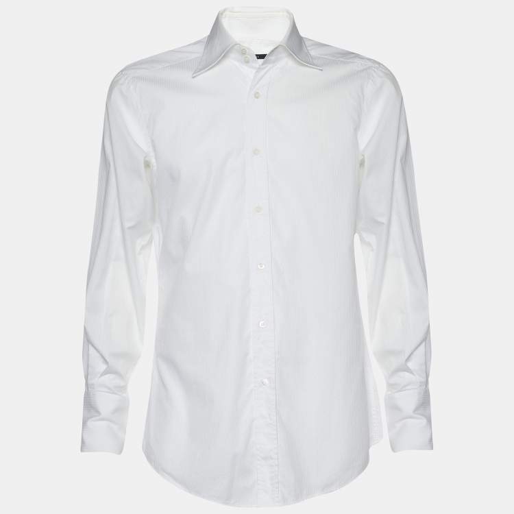 Pre Owned Gucci Vintage White Cotton Tonal Striped Button Front Shirt XL