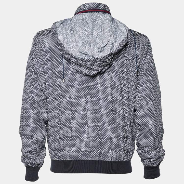 مملوكة مسبقًا Gucci Blue Synthetic Logo Print Hooded Bomber Jacket L