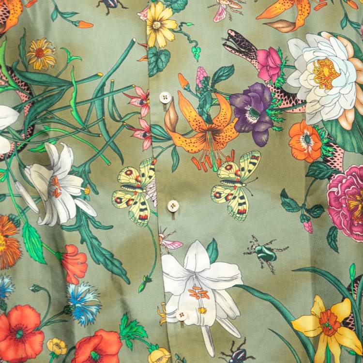 Pre Owned Gucci Green Floral Snake Print Silk Short Sleeve Shirt XXL