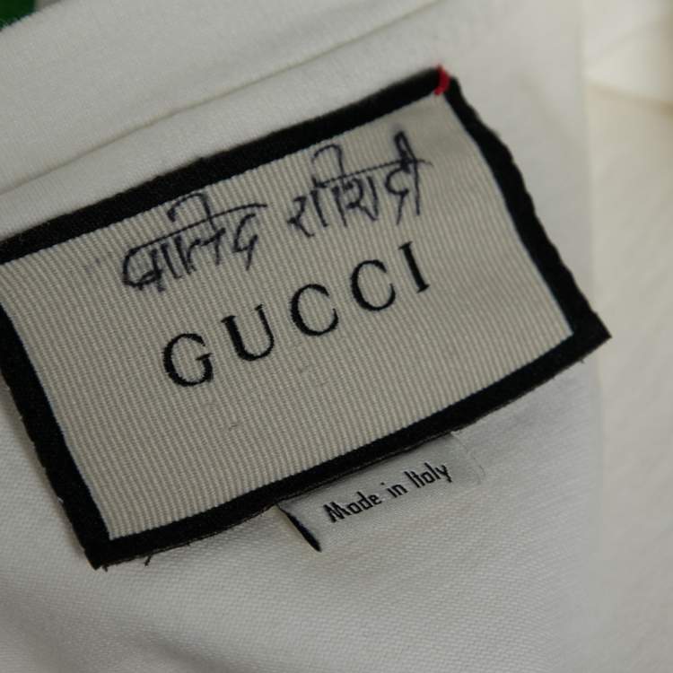 Pre Owned Gucci Off White Cotton Blade Logo Printed Short Sleeve T-Shirt L