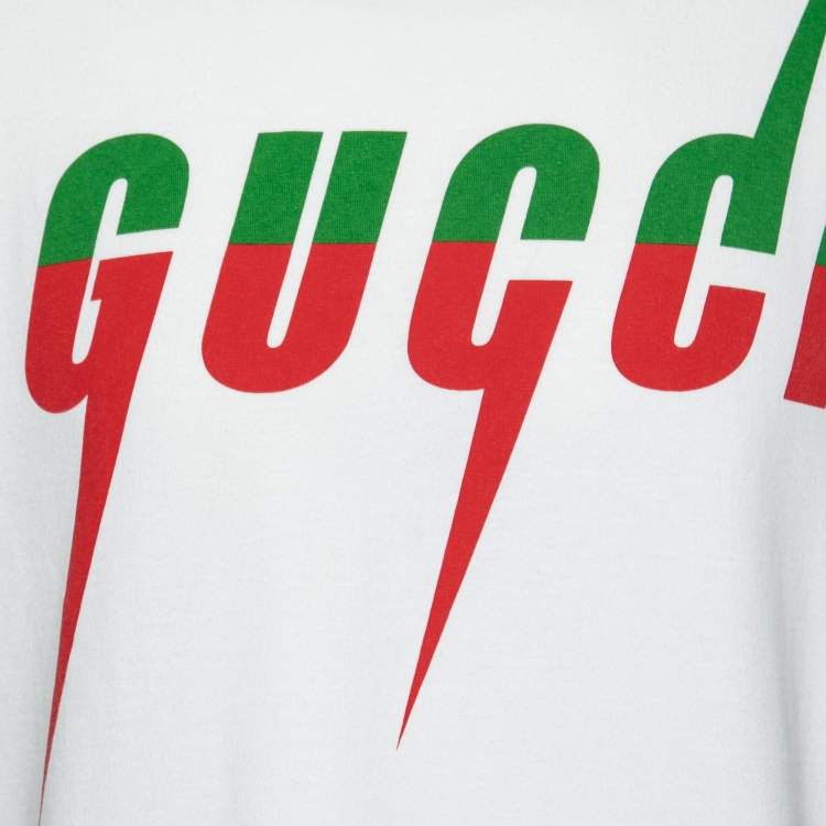Pre Owned Gucci Off White Cotton Blade Logo Printed Short Sleeve T-Shirt L