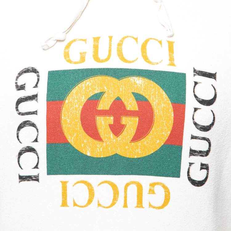 Pre Owned Gucci Off White Logo Printed Cotton Hoodie L