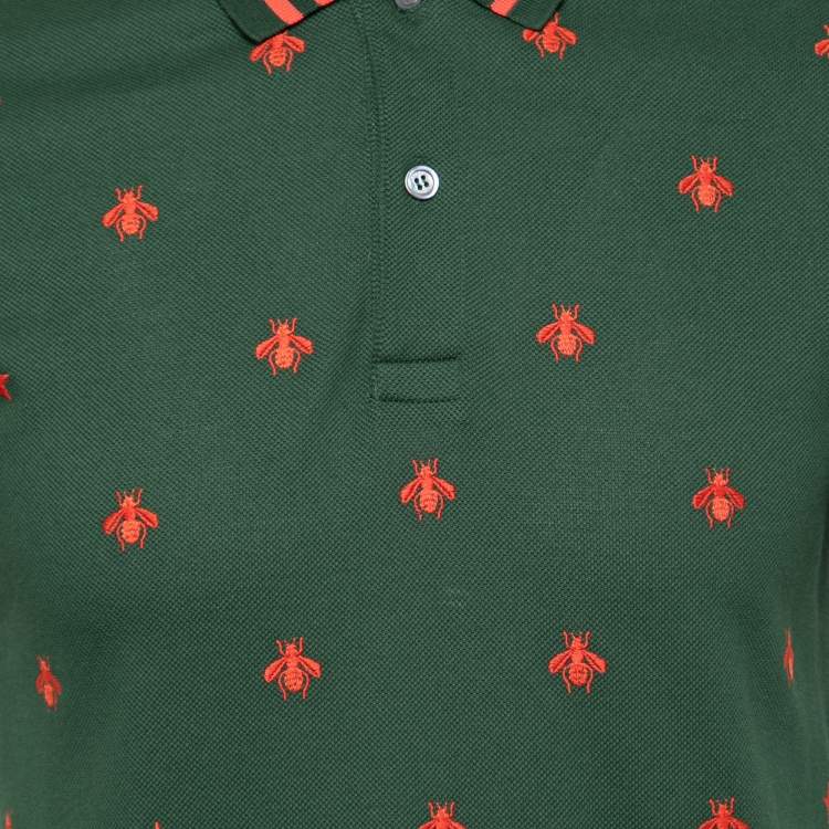 Pre Owned Gucci Green Cotton All Over Bee Embroidered Polo T-Shirt S