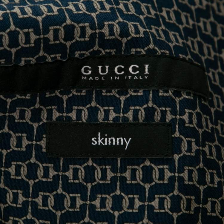Pre Owned Gucci Navy Blue Printed Cotton Skinny Fit Button Front Shirt S