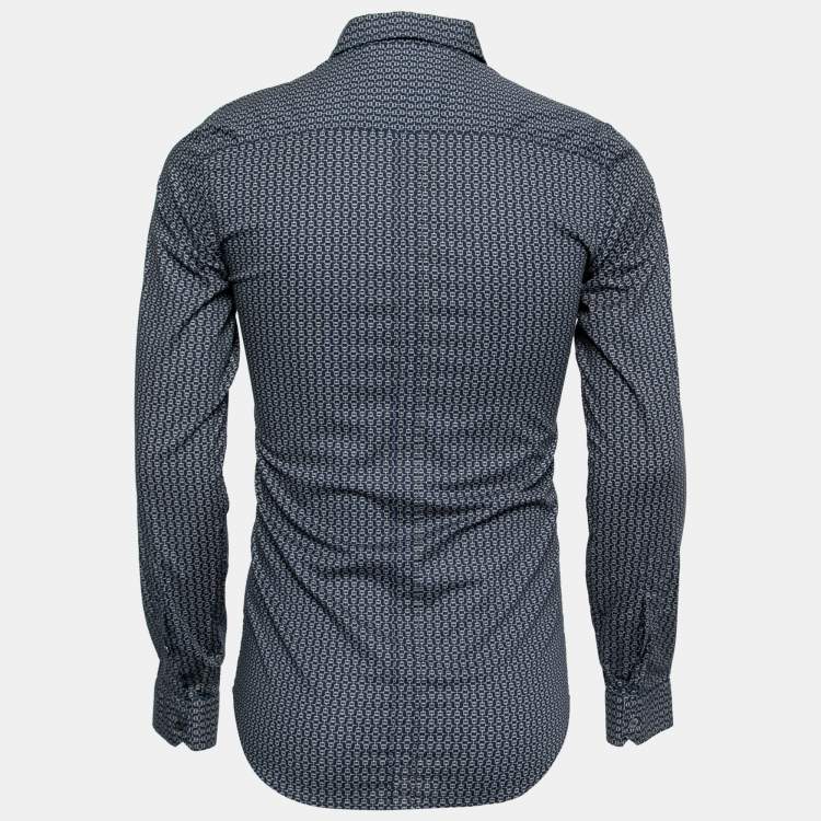 Pre Owned Gucci Navy Blue Printed Cotton Skinny Fit Button Front Shirt S