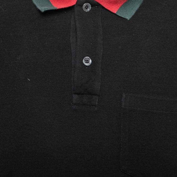 Pre Owned Gucci Black Cotton Pique Web Trimmed Polo T-Shirt S