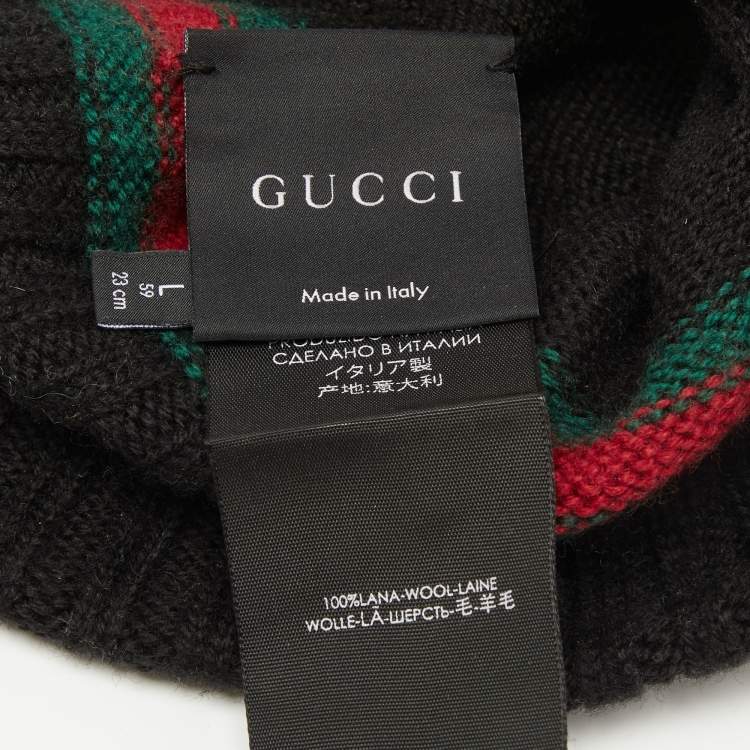 Pre Owned Gucci Black Rib Knit Wool Web Stripe Beanie L