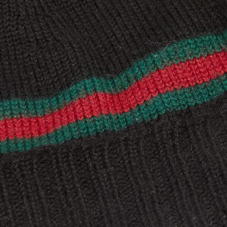 Pre Owned Gucci Black Rib Knit Wool Web Stripe Beanie L
