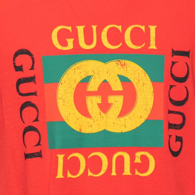مملوكة مسبقًا Gucci Red Logo Printed Crew Neck T-Shirt L