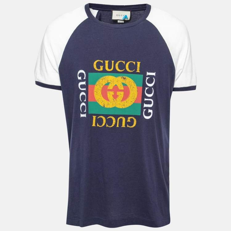 Pre Owned Gucci Blue Logo Printed Crew Neck T-Shirt L