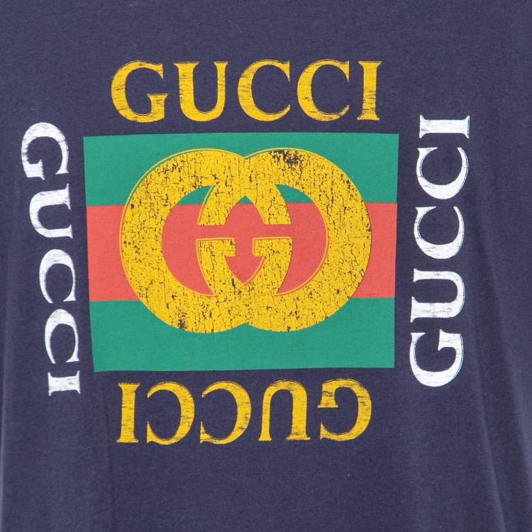 Pre Owned Gucci Blue Logo Printed Crew Neck T-Shirt L