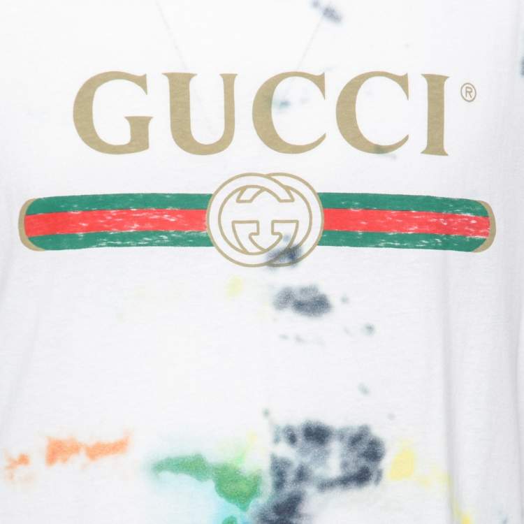 Pre Owned Gucci White Logo Print Cotton Tie Dye T-Shirt L