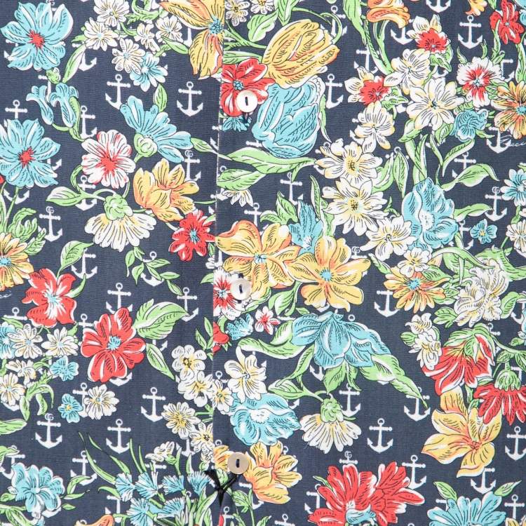 Pre Owned Gucci Blue Floral and Anchor Print Half Sleeves Cotton Shirt M